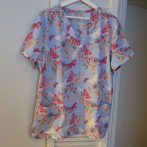 Health Pro Chic Butterfly Print Women's Scrub  Blouse Top XL